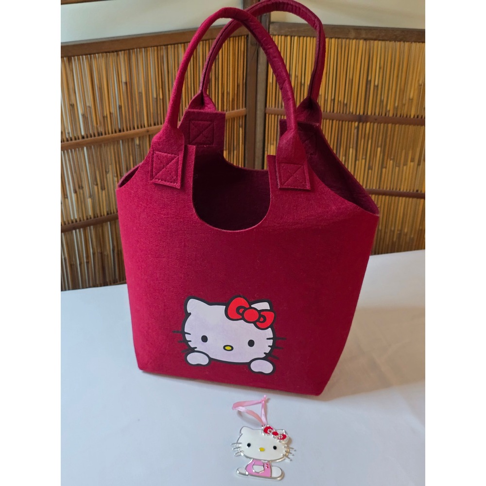 Sanrio Hello Kitty Red Felt Tote Bag and Metal Ornament Set Peeking Graphic